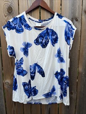 Soma Blue Butterfly Print White T-shirt Size L